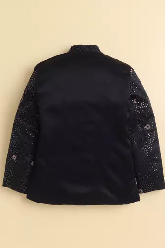 Boys black satin floral sequined embroidered sherwani & trouser set with waistcoat & necklace