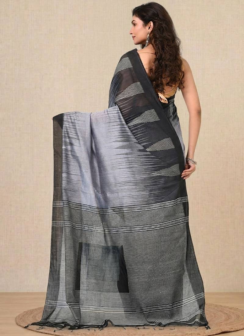 grey woven cotton blend handspun soft saree
