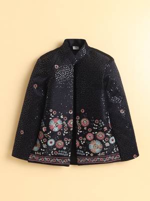 Boys black satin floral sequined embroidered sherwani & trouser set with waistcoat & necklace 3