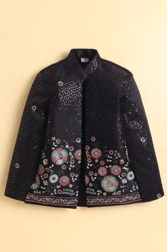Boys black satin floral sequined embroidered sherwani & trouser set with waistcoat & necklace