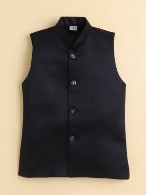 Boys black satin floral sequined embroidered sherwani & trouser set with waistcoat & necklace 5