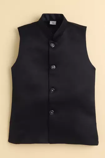 Boys black satin floral sequined embroidered sherwani & trouser set with waistcoat & necklace