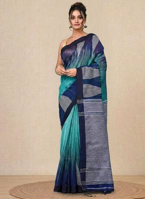 sea green woven cotton blend handspun soft saree 1