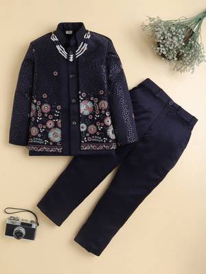 Boys navy blue satin floral sequined embroidered sherwani & trouser set with waistcoat & necklace 1