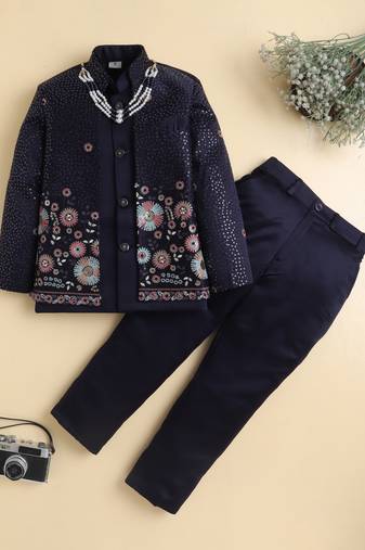 Boys navy blue satin floral sequined embroidered sherwani & trouser set with waistcoat & necklace