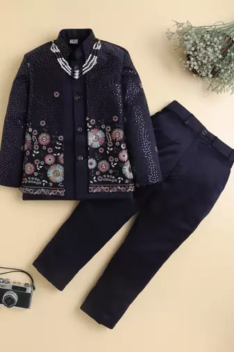 Boys navy blue satin floral sequined embroidered sherwani & trouser set with waistcoat & necklace