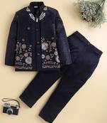 Boys navy blue satin floral sequined embroidered sherwani & trouser set with waistcoat & necklace