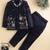 Boys navy blue satin floral sequined embroidered sherwani & trouser set with waistcoat & necklace
