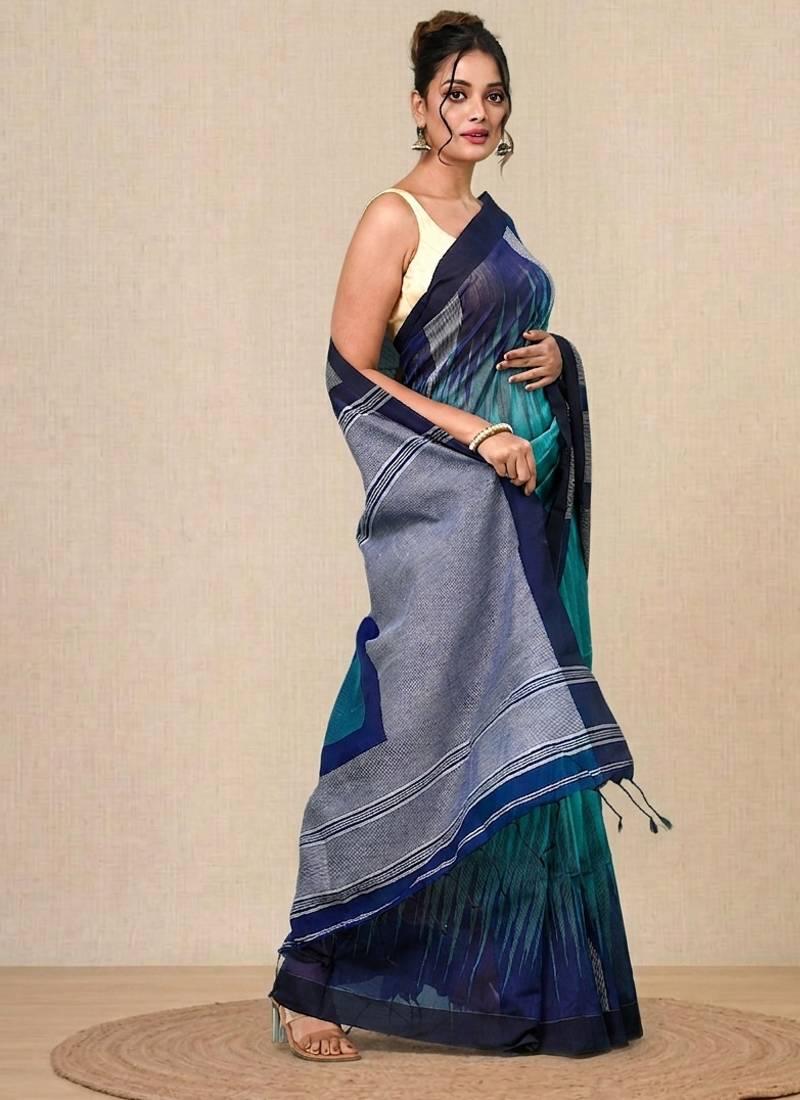 sea green woven cotton blend handspun soft saree