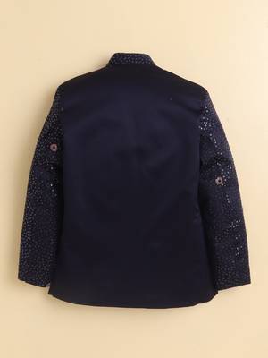 Boys navy blue satin floral sequined embroidered sherwani & trouser set with waistcoat & necklace 2