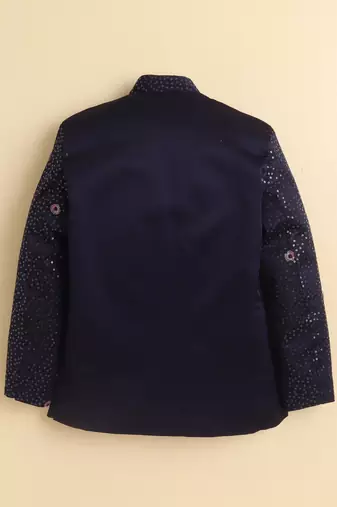 Boys navy blue satin floral sequined embroidered sherwani & trouser set with waistcoat & necklace
