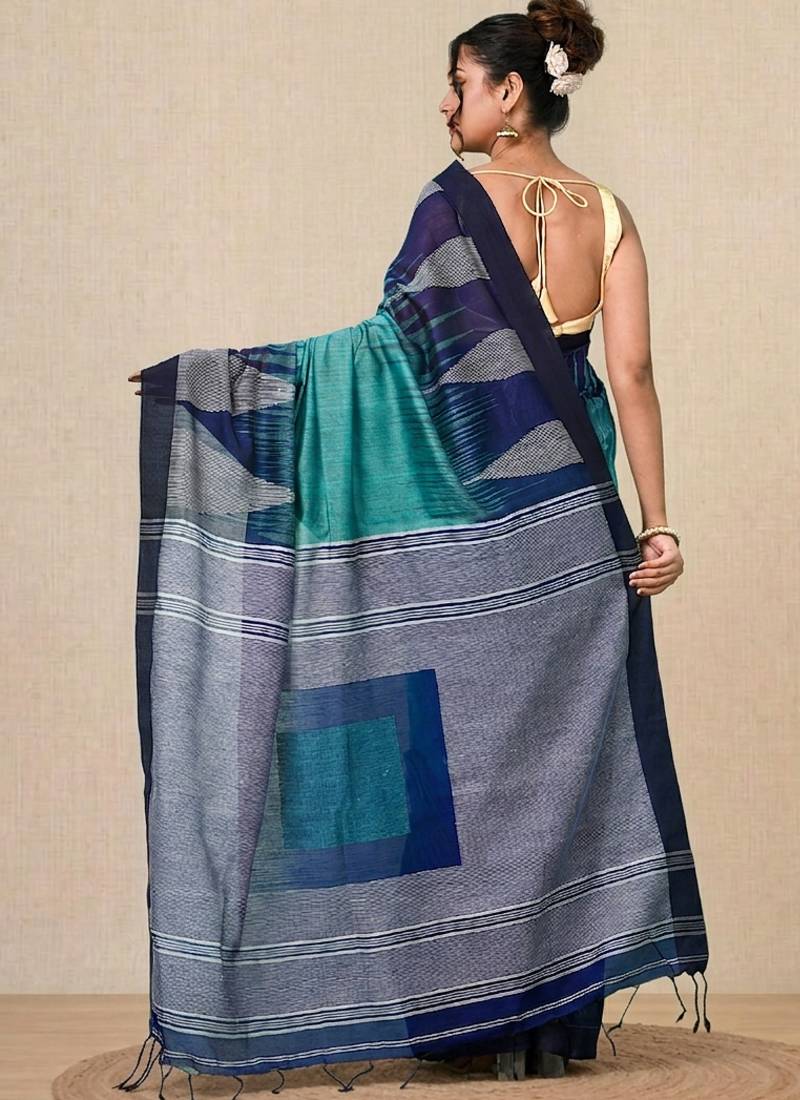 sea green woven cotton blend handspun soft saree
