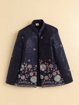 Boys navy blue satin floral sequined embroidered sherwani & trouser set with waistcoat & necklace 3
