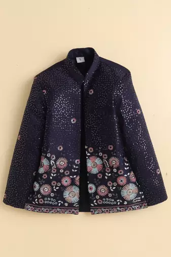 Boys navy blue satin floral sequined embroidered sherwani & trouser set with waistcoat & necklace