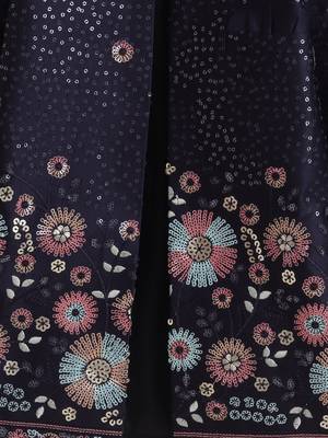 Boys navy blue satin floral sequined embroidered sherwani & trouser set with waistcoat & necklace 4