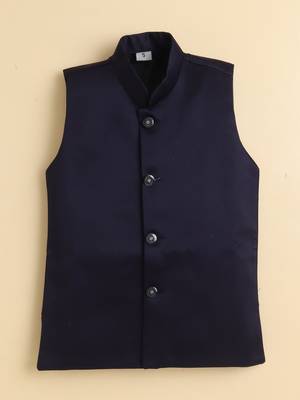 Boys navy blue satin floral sequined embroidered sherwani & trouser set with waistcoat & necklace 5