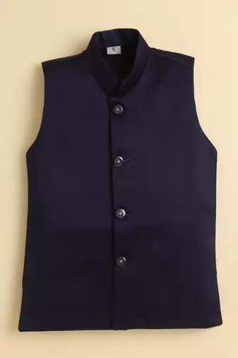 Boys navy blue satin floral sequined embroidered sherwani & trouser set with waistcoat & necklace