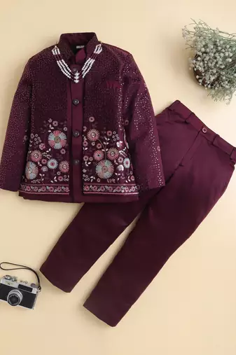 Boys wine satin floral sequined embroidered sherwani & trouser set with waistcoat & necklace