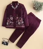 Boys wine satin floral sequined embroidered sherwani & trouser set with waistcoat & necklace