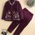 Boys wine satin floral sequined embroidered sherwani & trouser set with waistcoat & necklace