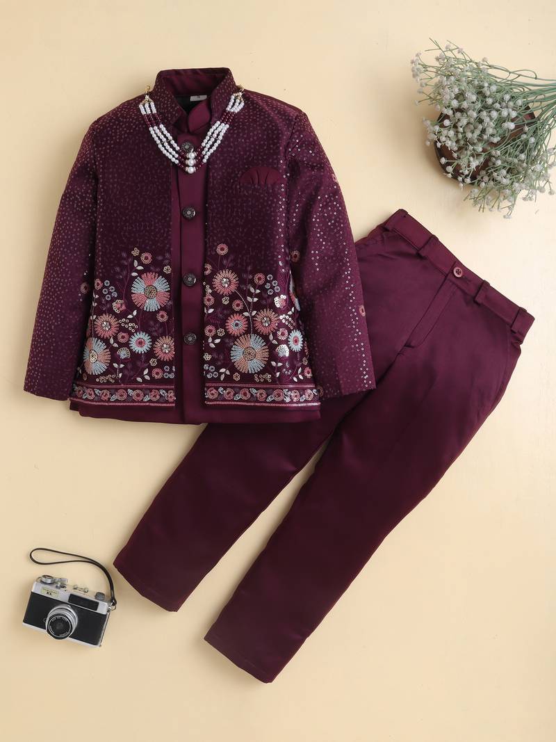 Boys wine satin floral sequined embroidered sherwani & trouser set with waistcoat & necklace