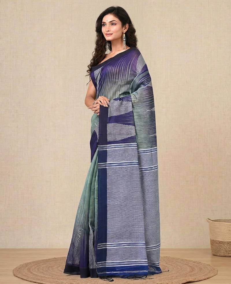 teal woven cotton blend handspun soft saree
