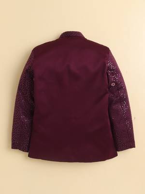 Boys wine satin floral sequined embroidered sherwani & trouser set with waistcoat & necklace 2