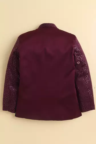 Boys wine satin floral sequined embroidered sherwani & trouser set with waistcoat & necklace