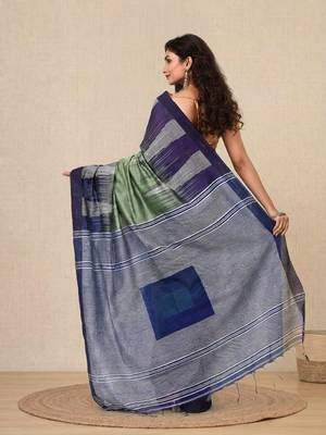 teal woven cotton blend handspun soft saree 3