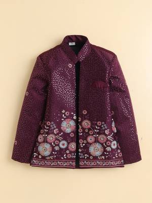 Boys wine satin floral sequined embroidered sherwani & trouser set with waistcoat & necklace 3