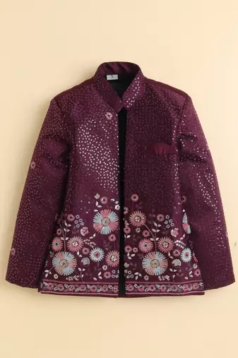 Boys wine satin floral sequined embroidered sherwani & trouser set with waistcoat & necklace