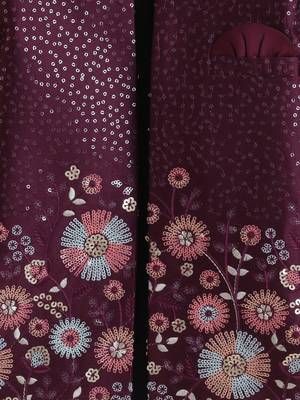 Boys wine satin floral sequined embroidered sherwani & trouser set with waistcoat & necklace 4