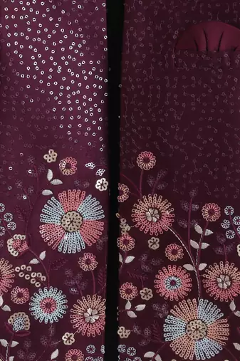 Boys wine satin floral sequined embroidered sherwani & trouser set with waistcoat & necklace