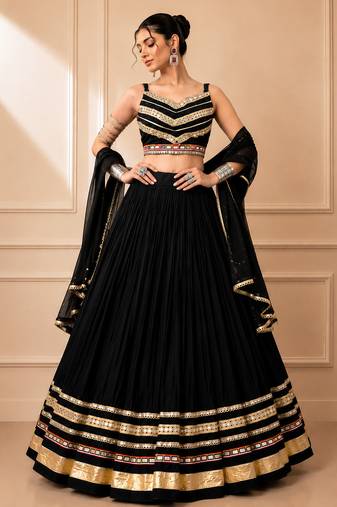 Black Cotton Gamthi Work Lehenga Choli with Georgette Dupatta
