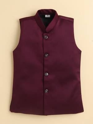 Boys wine satin floral sequined embroidered sherwani & trouser set with waistcoat & necklace 5