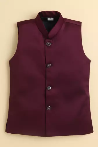 Boys wine satin floral sequined embroidered sherwani & trouser set with waistcoat & necklace