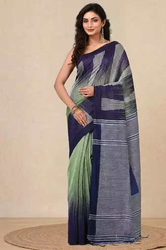 pistachio green woven cotton blend handspun soft saree