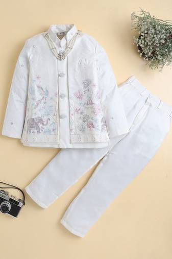 Boys off white satin heritage embroidered sherwani & trouser set with waistcoat & necklace