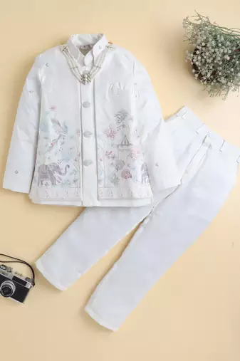 Boys off white satin heritage embroidered sherwani & trouser set with waistcoat & necklace