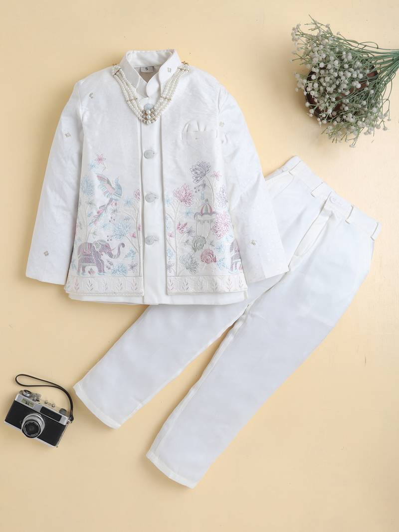 Boys off white satin heritage embroidered sherwani & trouser set with waistcoat & necklace