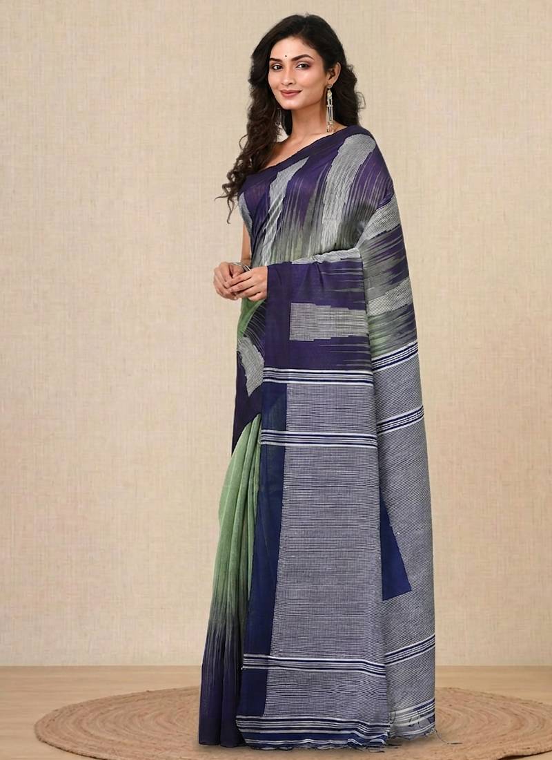 pistachio green woven cotton blend handspun soft saree