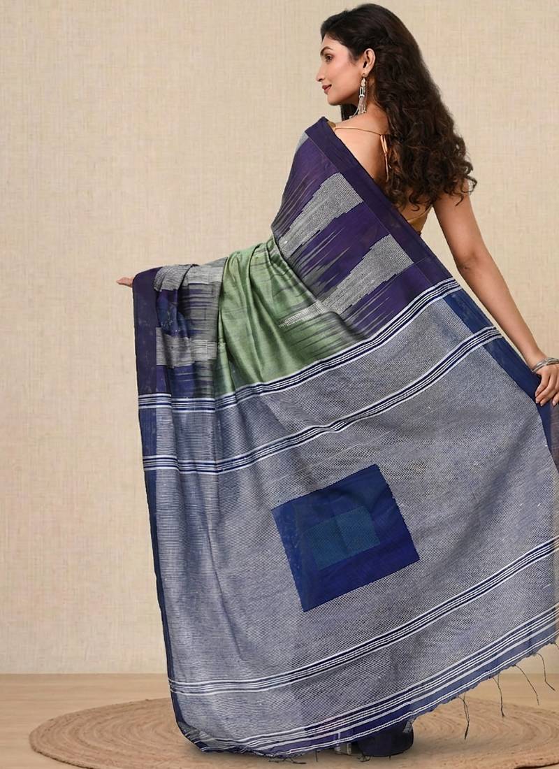 pistachio green woven cotton blend handspun soft saree