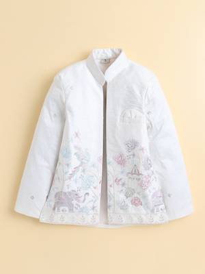 Boys off white satin heritage embroidered sherwani & trouser set with waistcoat & necklace 3