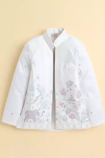 Boys off white satin heritage embroidered sherwani & trouser set with waistcoat & necklace