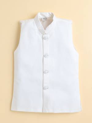 Boys off white satin heritage embroidered sherwani & trouser set with waistcoat & necklace 5