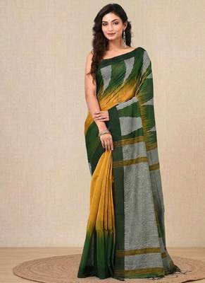 mustard woven cotton blend handspun soft saree 1