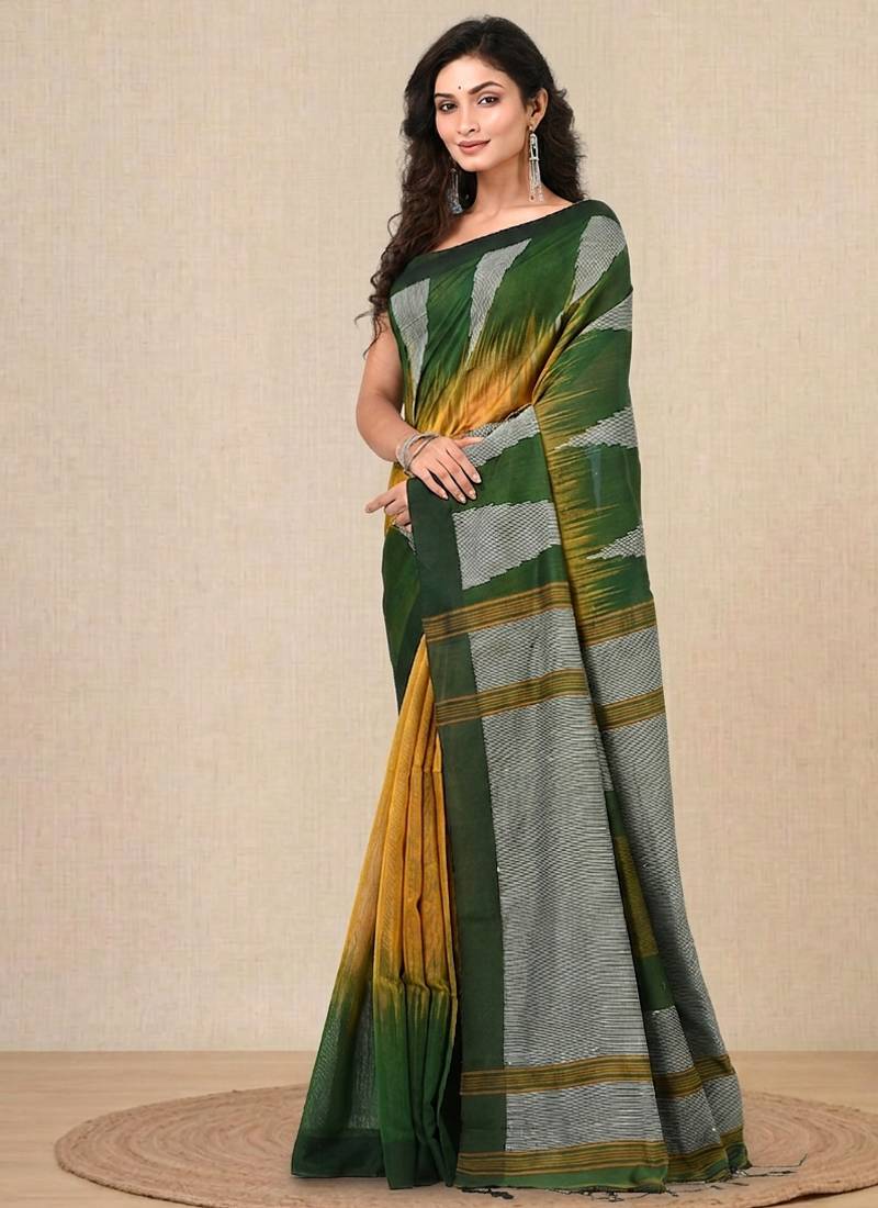 mustard woven cotton blend handspun soft saree