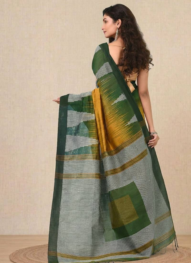 mustard woven cotton blend handspun soft saree