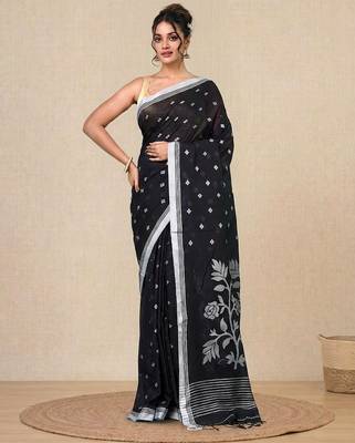 black geometric motifs cotton blend soft saree 1