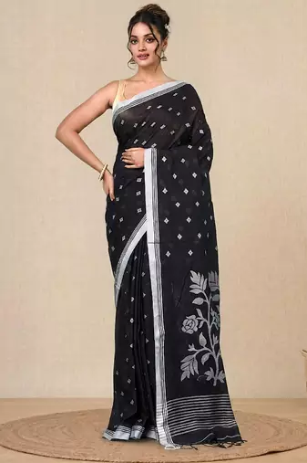 black geometric motifs cotton blend soft saree